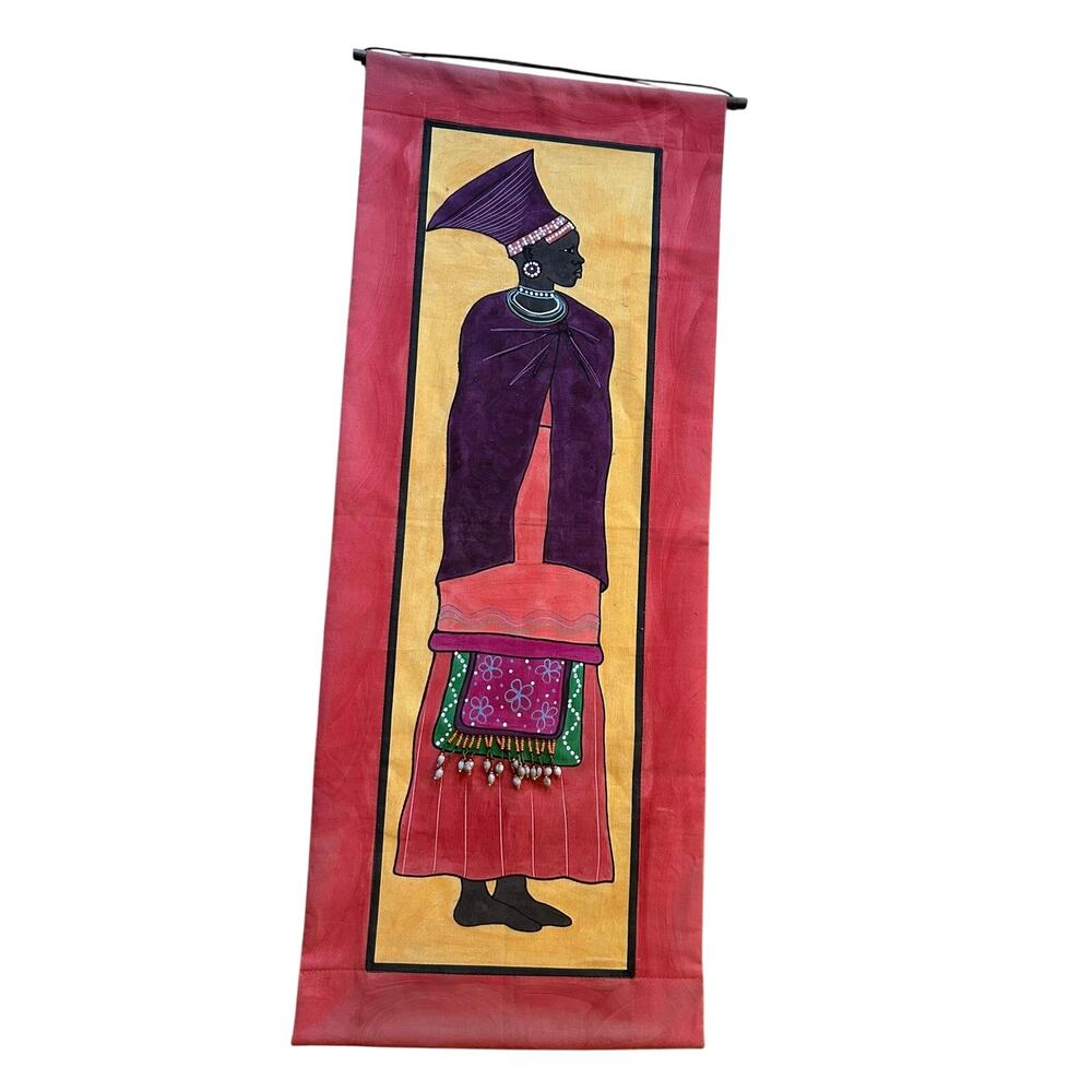 Vintage African Cloth Batik Beaded Tribal Folk Wall Art Hanging Hand Painted